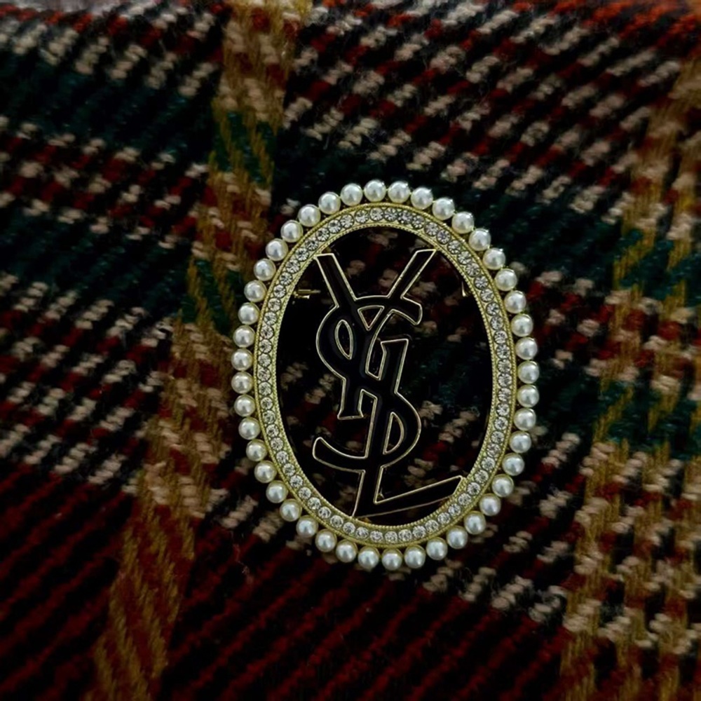 Yves Saint Laurent Vintage Gold Brooch YSL Logo With Stones And Pearls